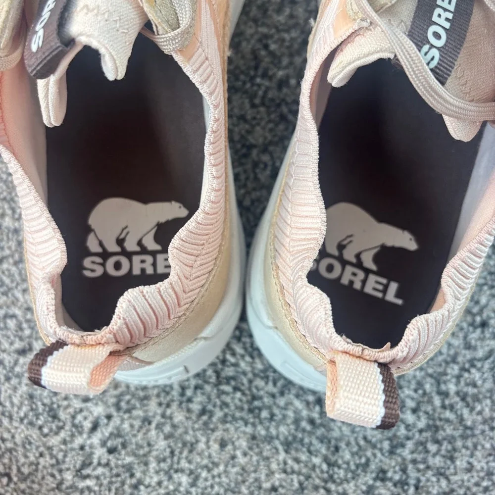 SOREL ONA 503 Knit Low Sneakers Peach Pink Suede Mesh Platform Trainers sz 10.5